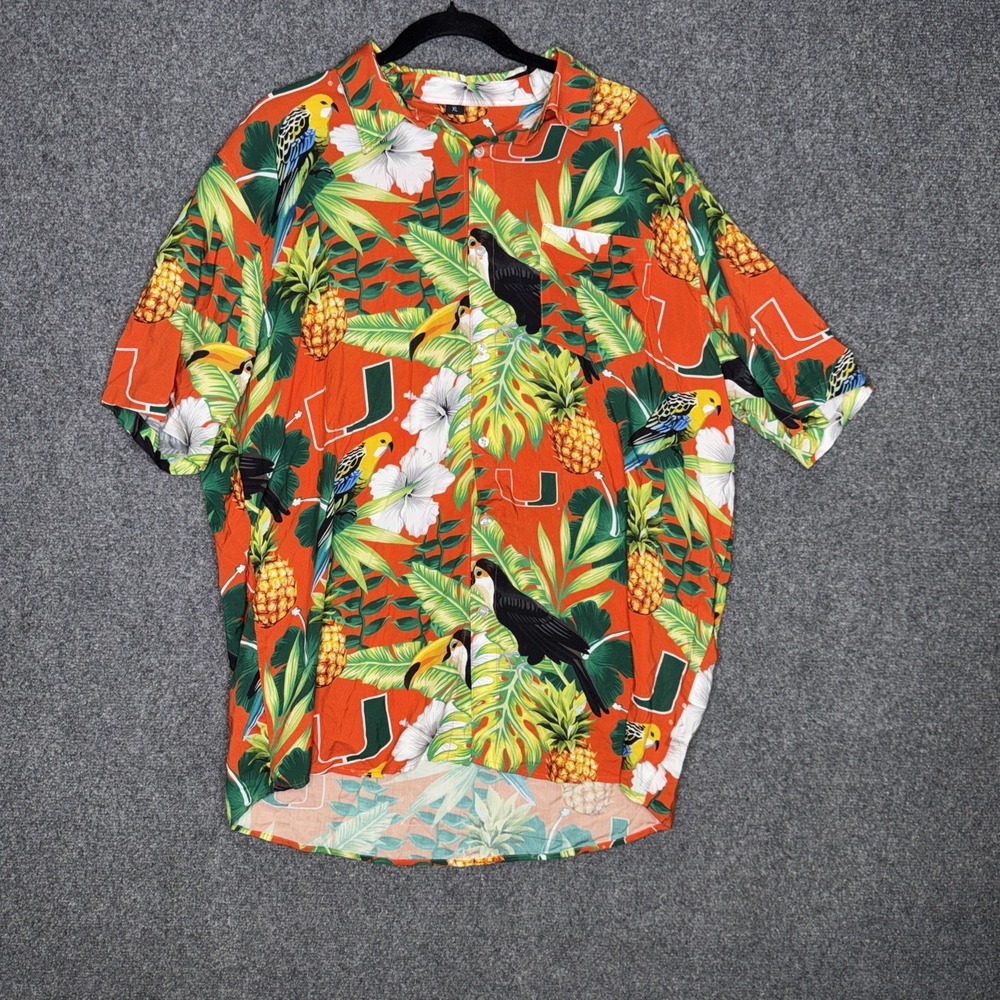 FOCO Miami Hurricanes Men's XL Floral Hawaiian Birds Button Up Shirt Orange